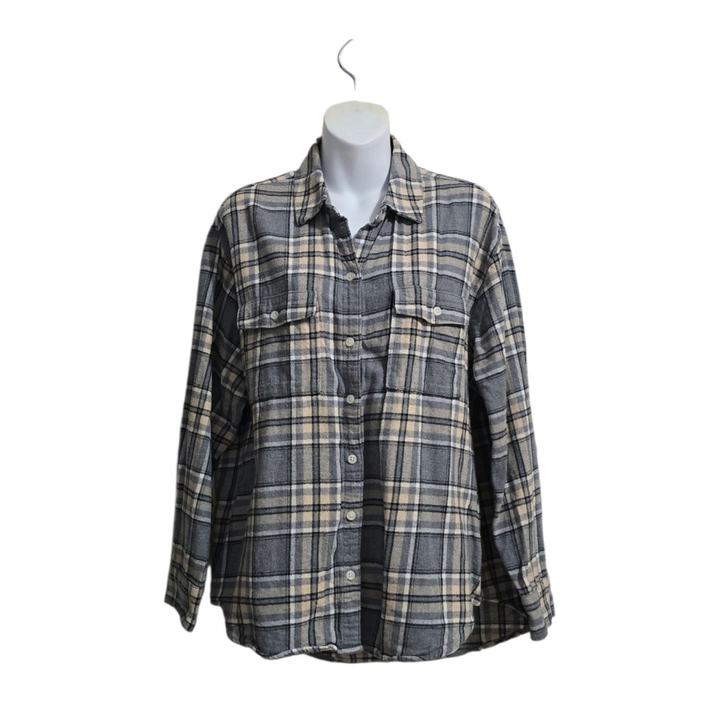 Old Navy The Boyfriend Long Sleeve Flannel Tunic In Gray Plaid Sz L